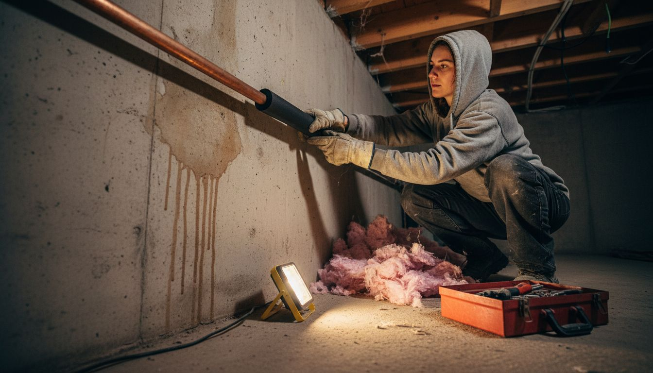 Woman insulating pipe in unfinished basement