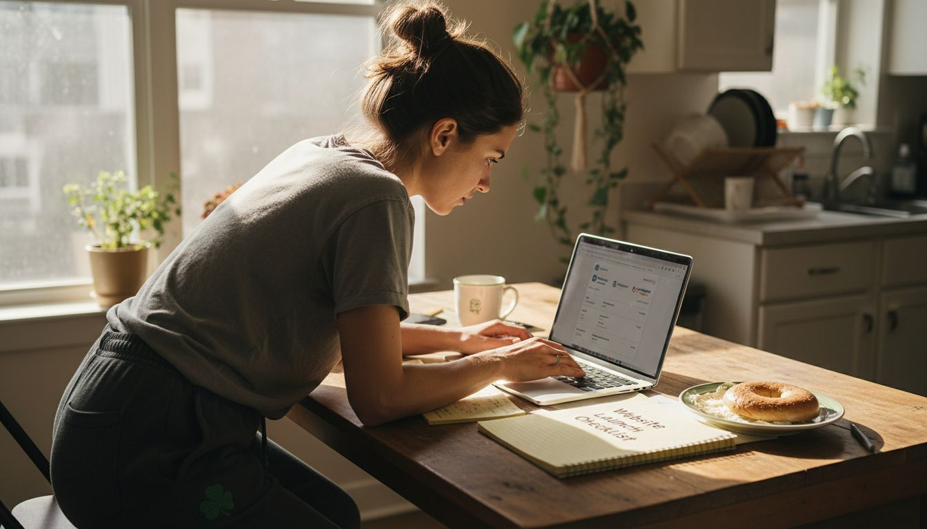 Woman comparing website hosting options at kitchen table
