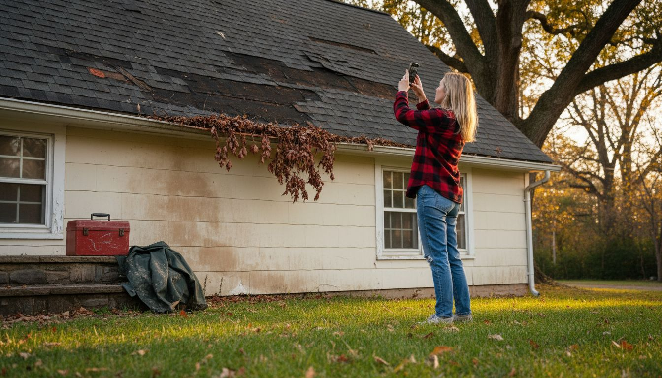 Woman photographing roof damage for record