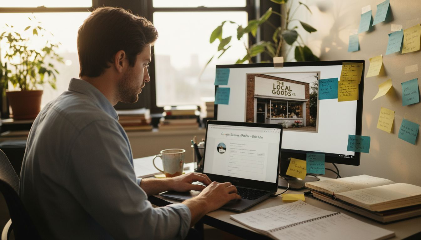 Man updating Google Business Profile in office