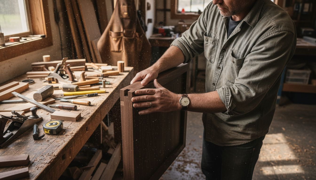Artisan examines joinery on walnut cabinet