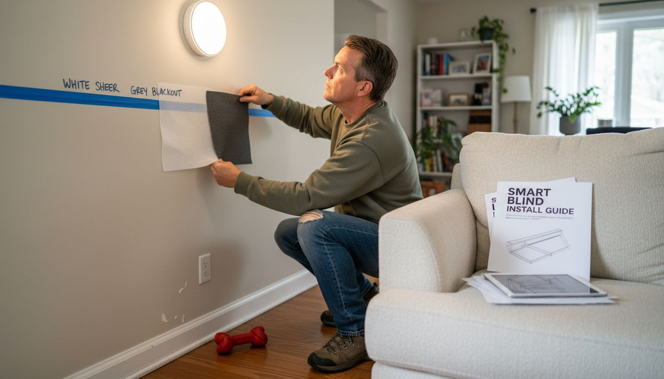 Person testing projector screen samples at home