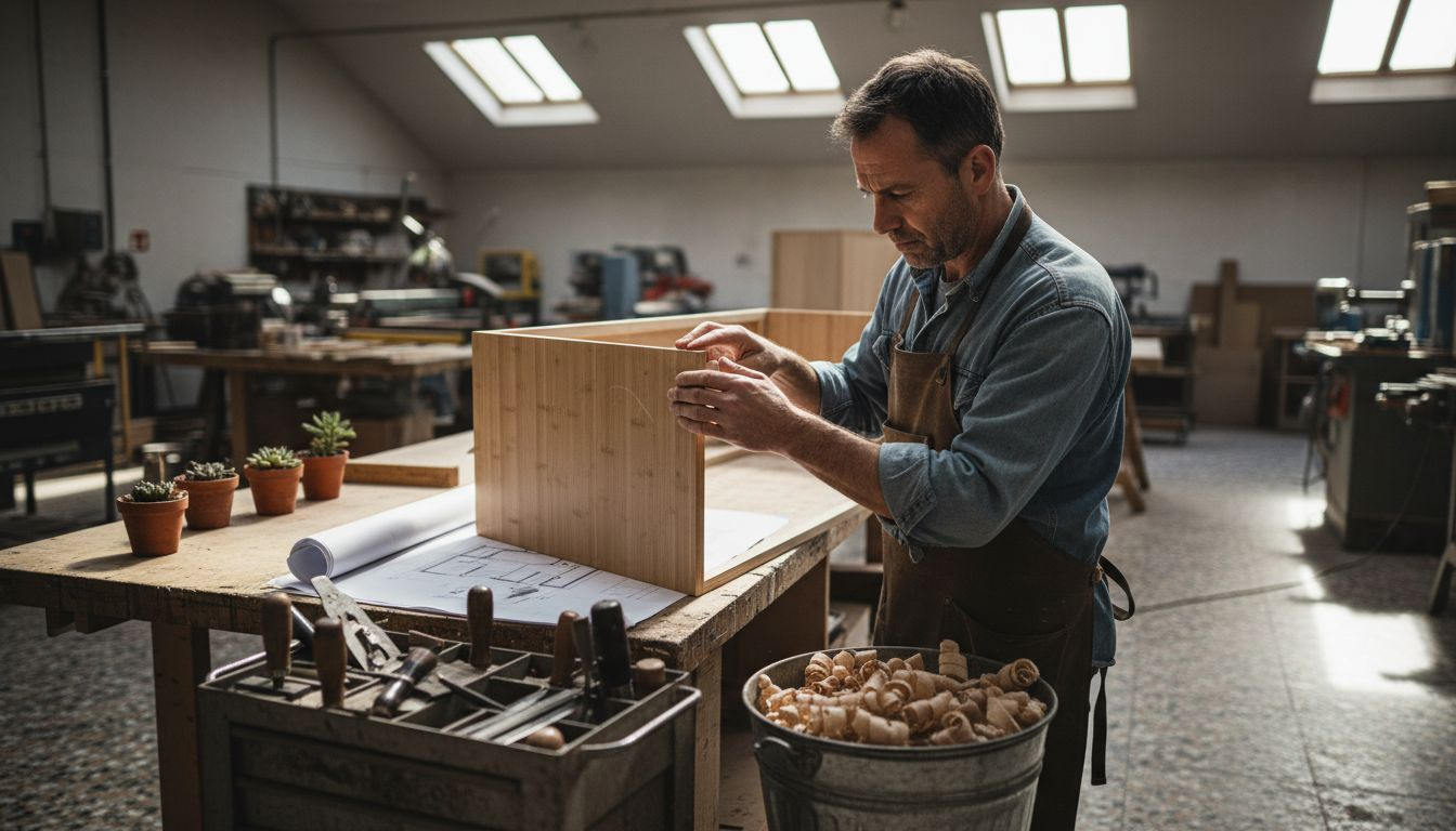 Craftsman inspecting eco-friendly bamboo furniture