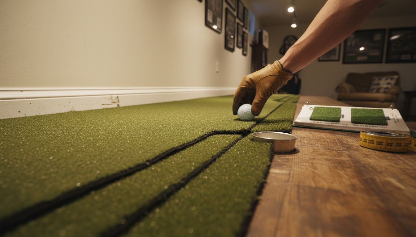 Close-up synthetic turf putting green install