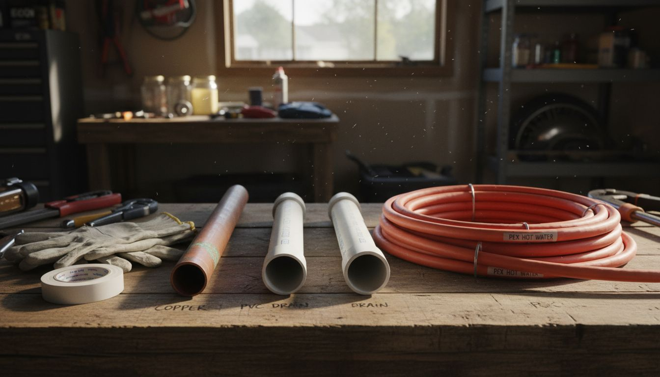 Various home plumbing pipes on garage bench