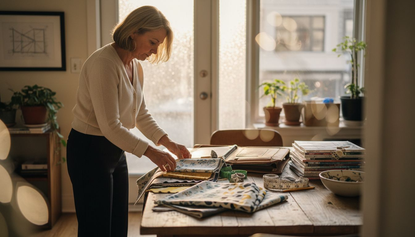Designer mixing pattern samples in apartment