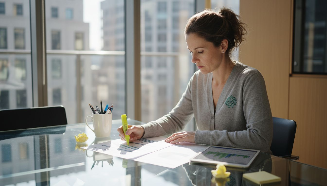 Woman reviewing printed website analytics report