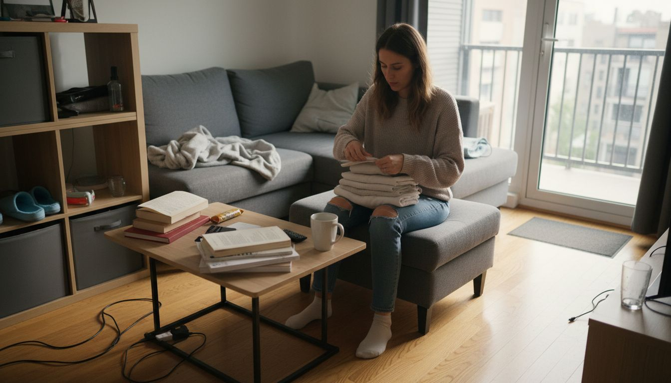 Young woman using multifunctional furniture in apartment