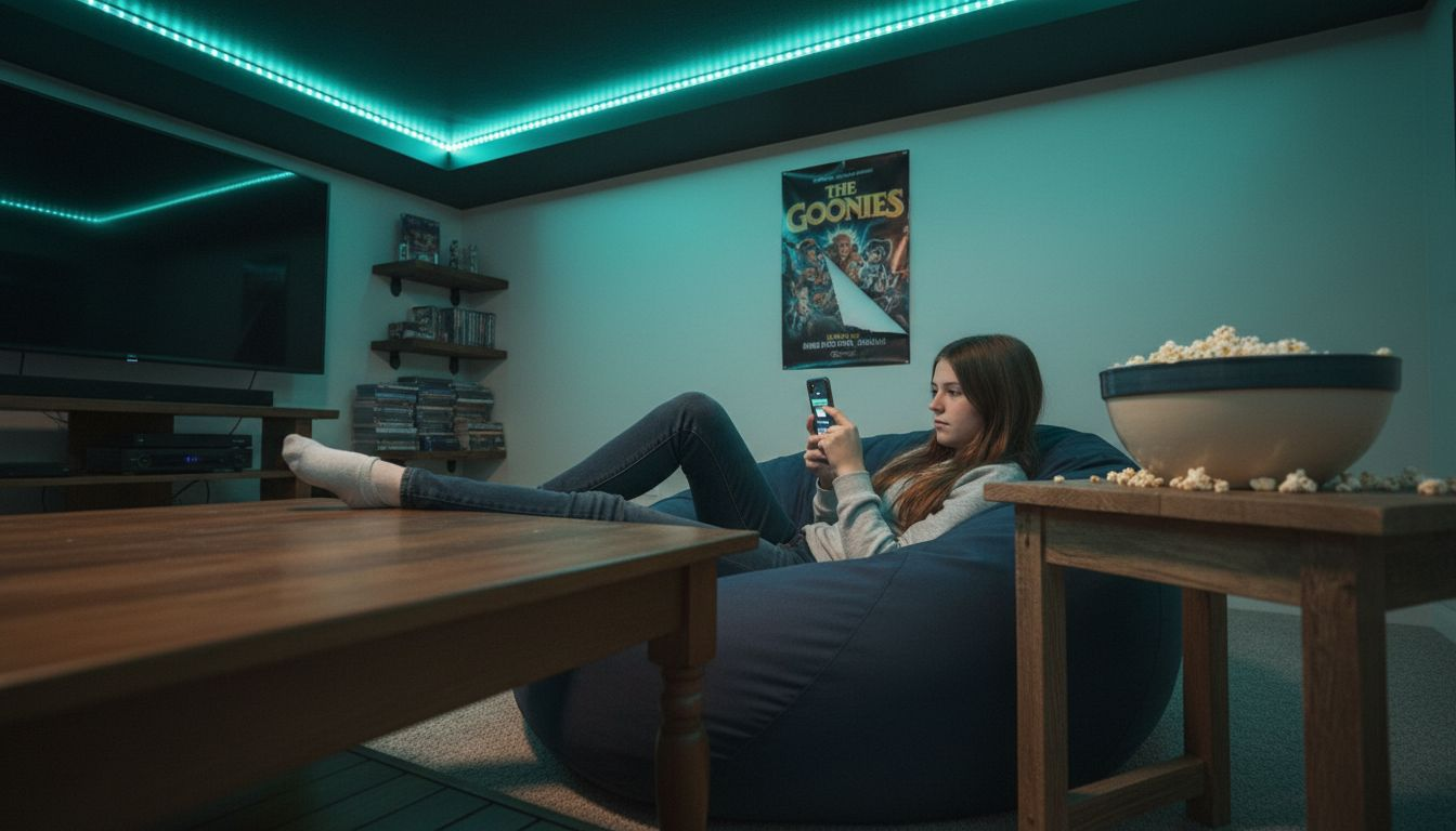 Teen using app in smart-lit entertainment room