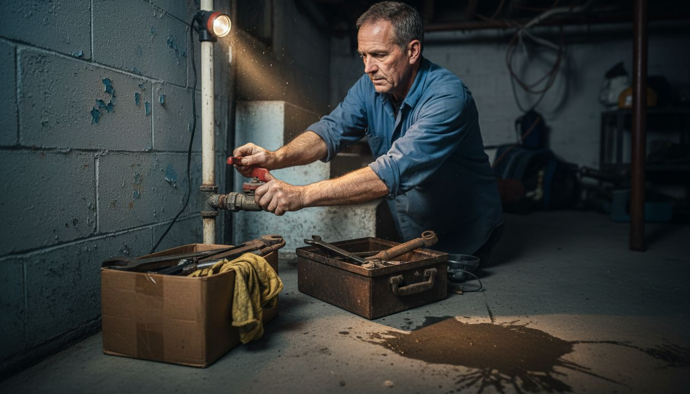 Person turning main water valve in basement