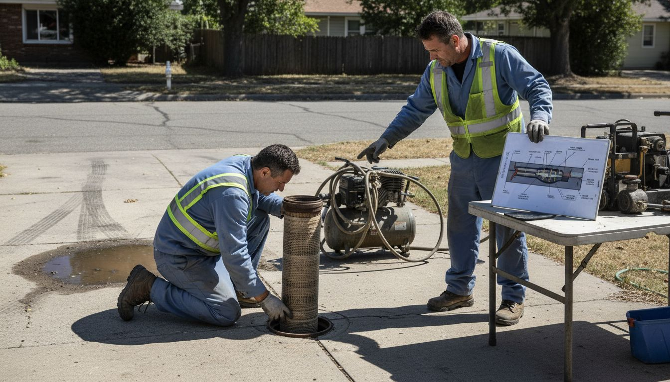 Workers preparing trenchless pipe repair equipment