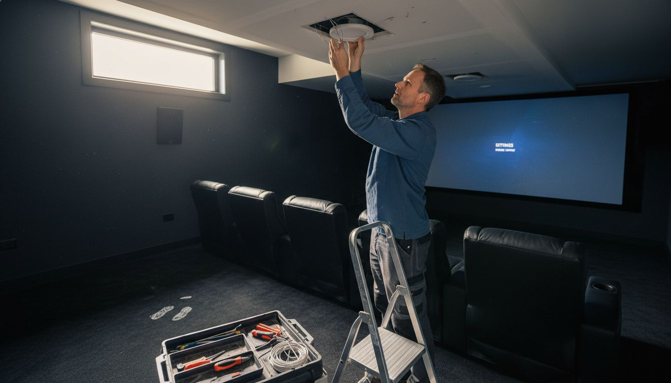 Technician positioning smart lights in home cinema