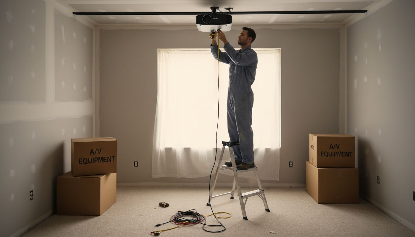 Technician installing 4K projector in media room