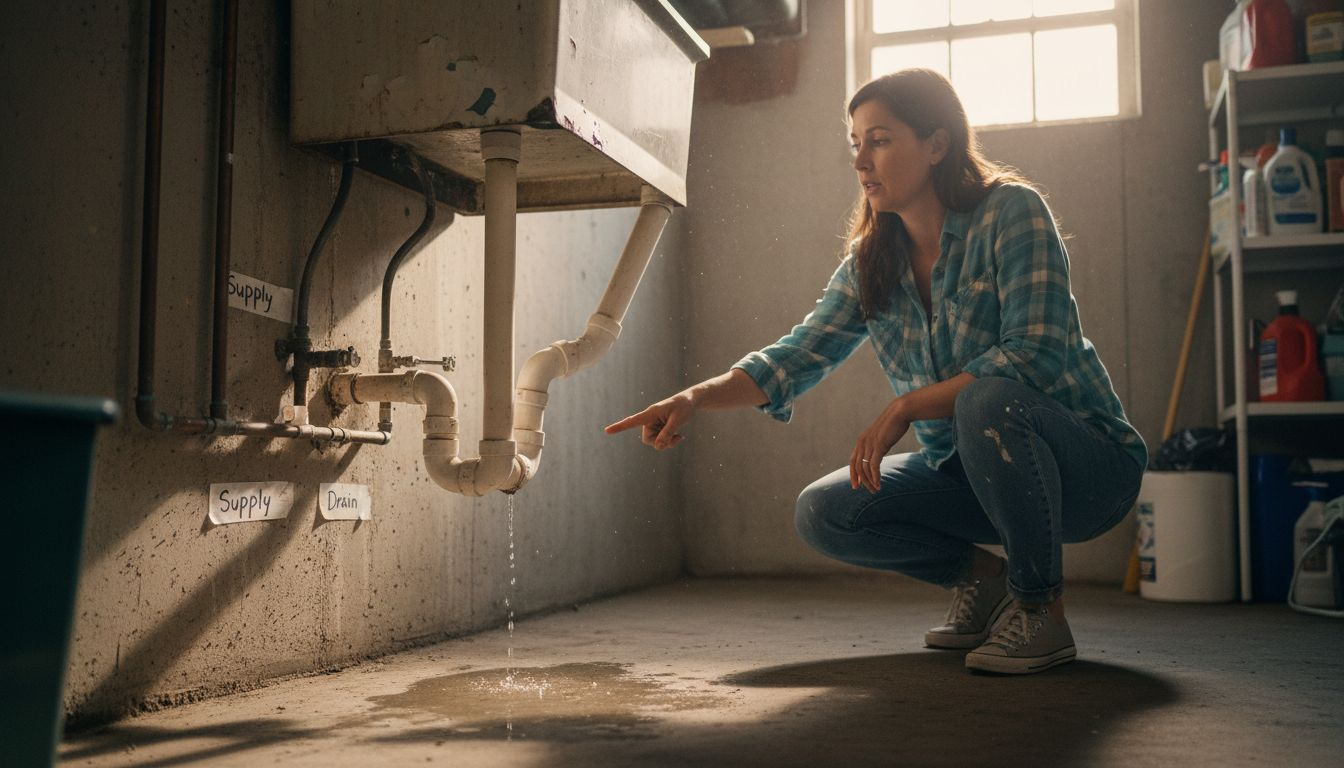 Homeowner pointing at supply and drain pipes