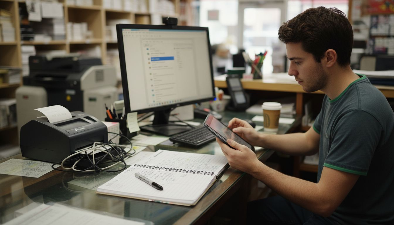 Business owner uses AI tools at service counter