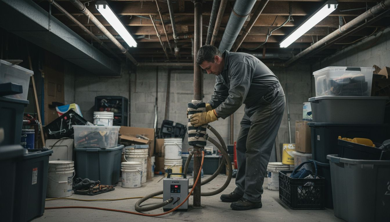 Technician applying pipe freeze equipment