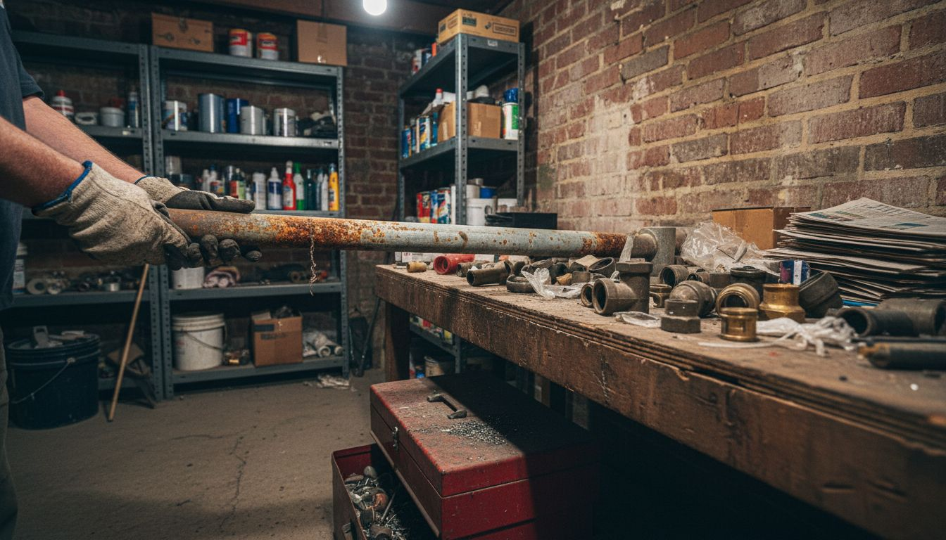 Rusty pipe repair in old home basement