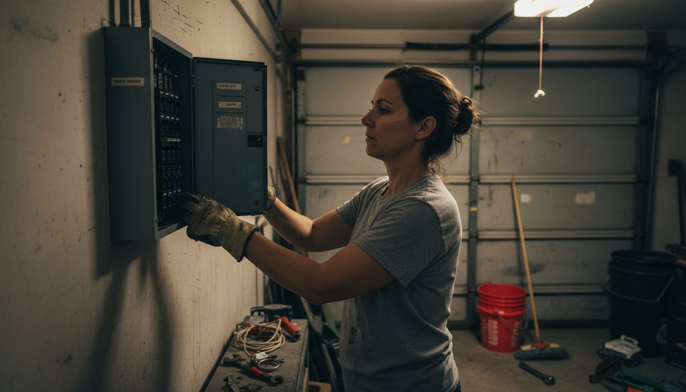Woman turning off water heater breaker
