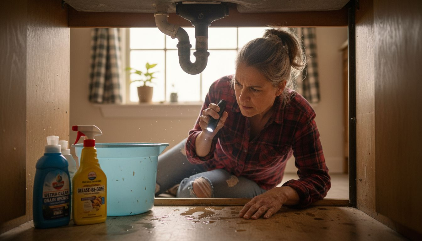 Homeowner checks for kitchen sink leak