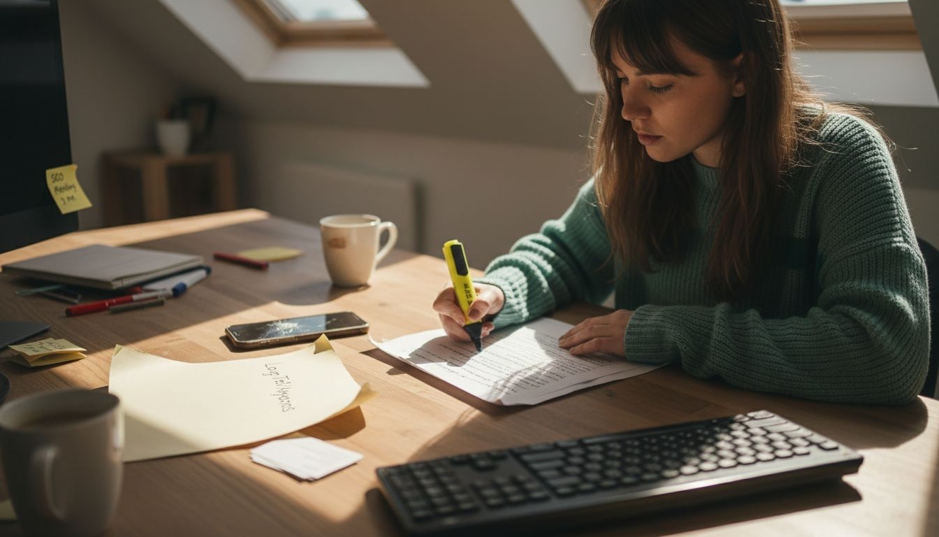 Marketer highlighting keywords at messy workspace