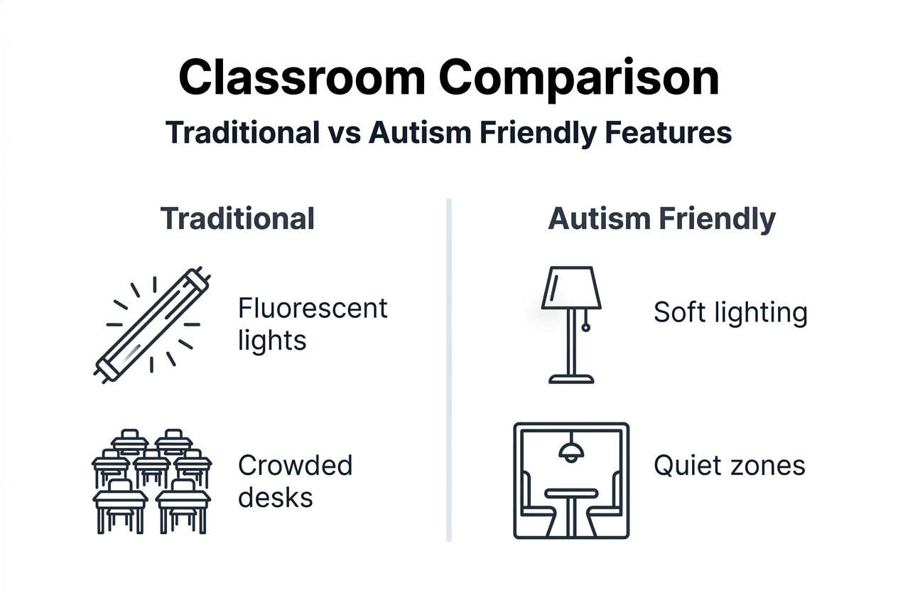 Infographic comparing traditional and autism friendly classrooms