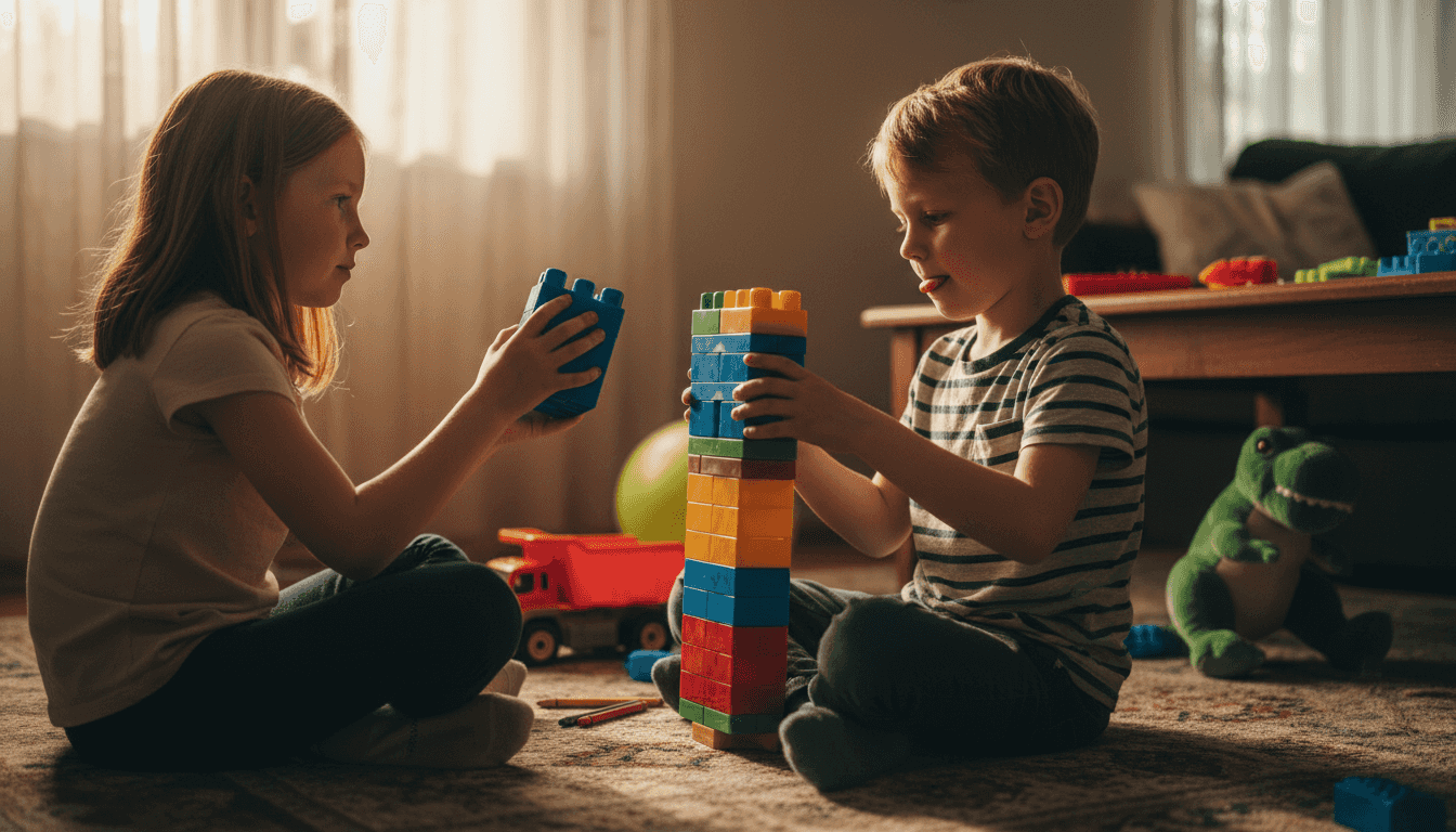 Children practicing social communication with blocks