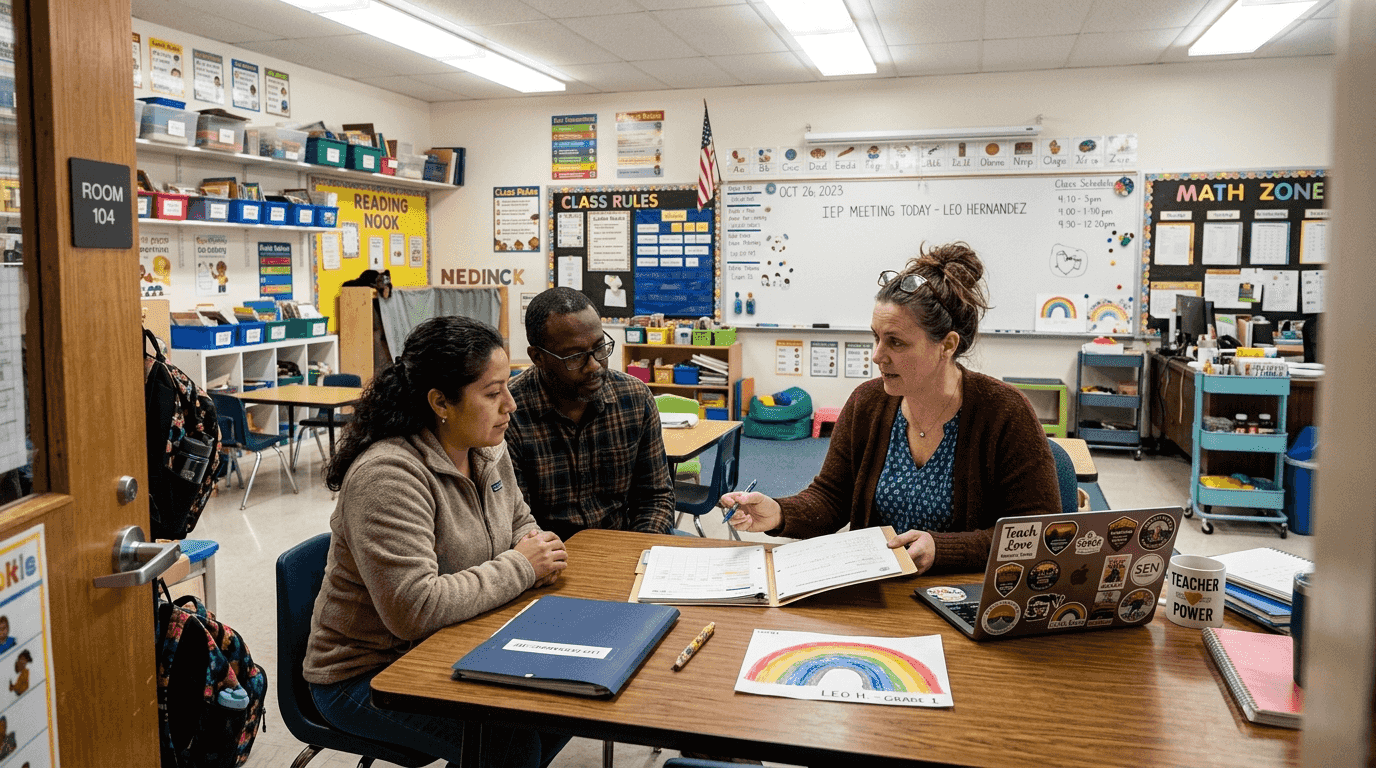IEP meeting between teacher and parents in school