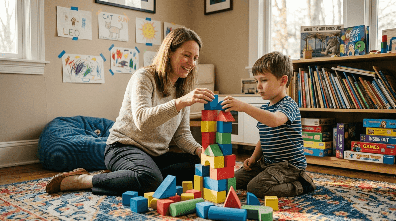 Therapist and child build blocks in therapy room