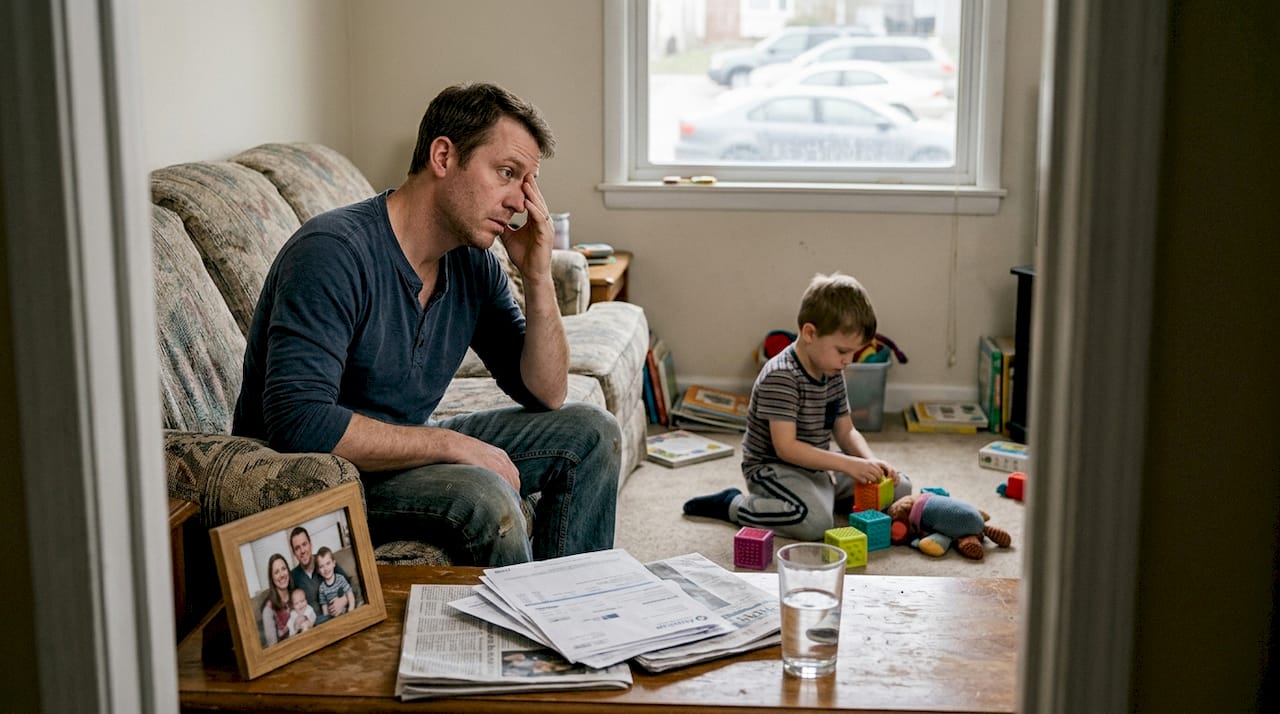 Stressed father watching autistic child at home
