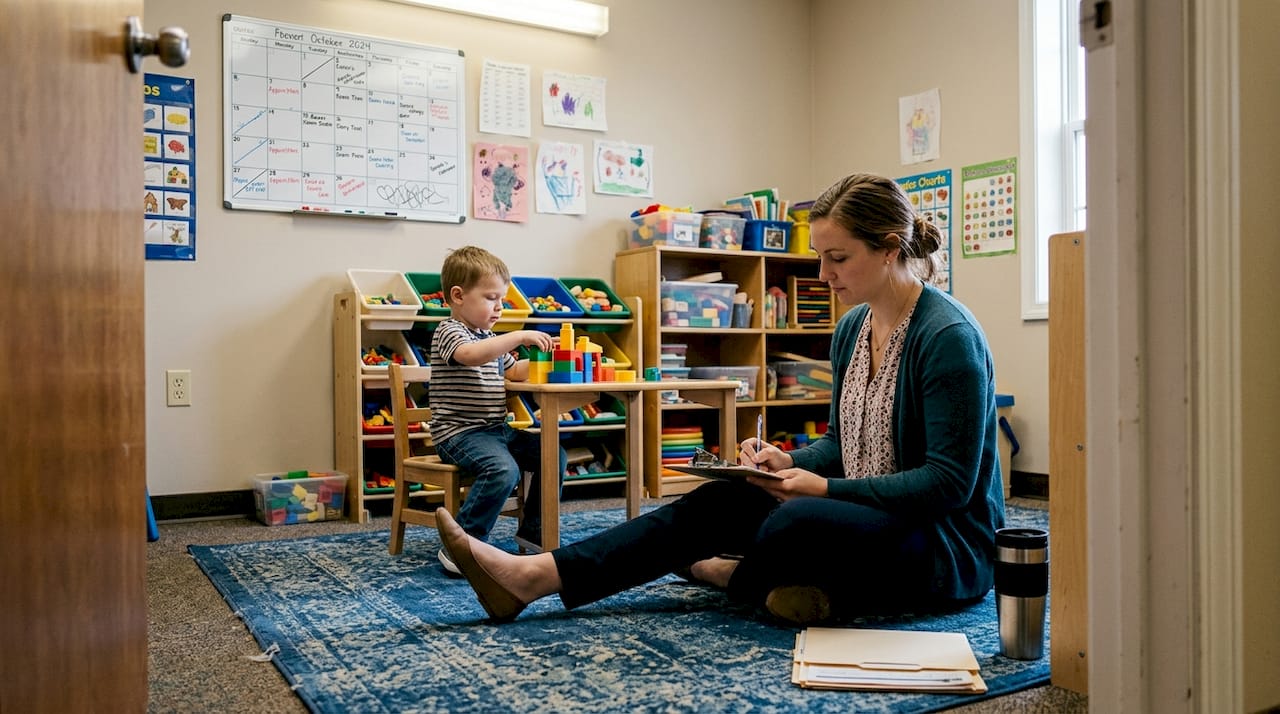 Behavior analyst observes child during therapy