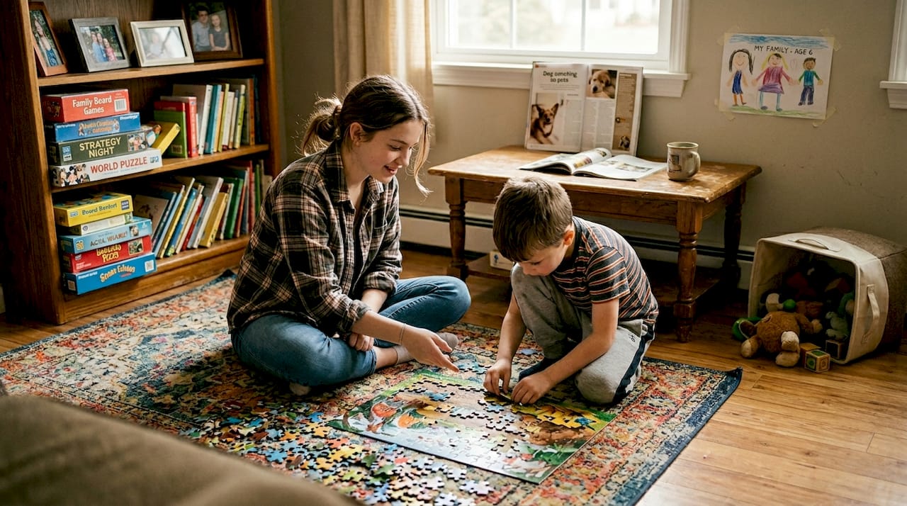 Siblings work together building puzzle for support