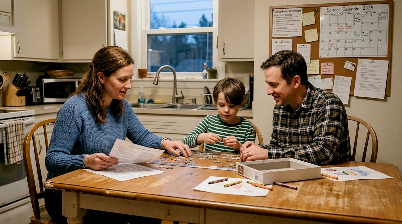 Family works together at kitchen table with support resources