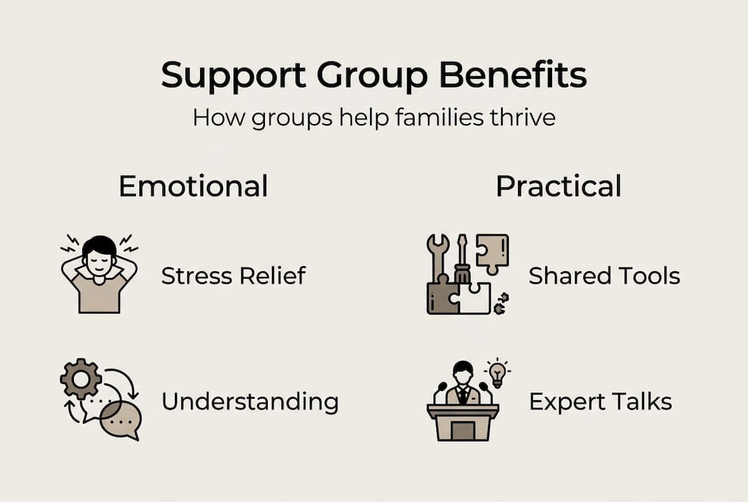 Infographic showing emotional and practical support group benefits