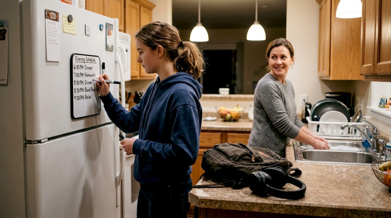 Teen girl making organized home routine list