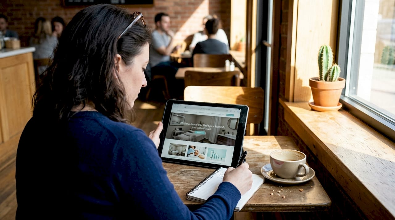 Med spa owner reviewing website in café