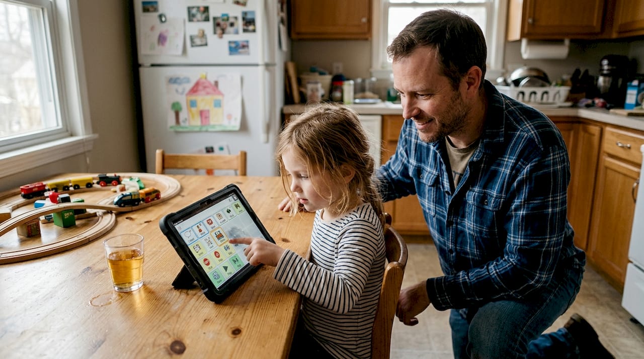 Father modeling AAC device use during play