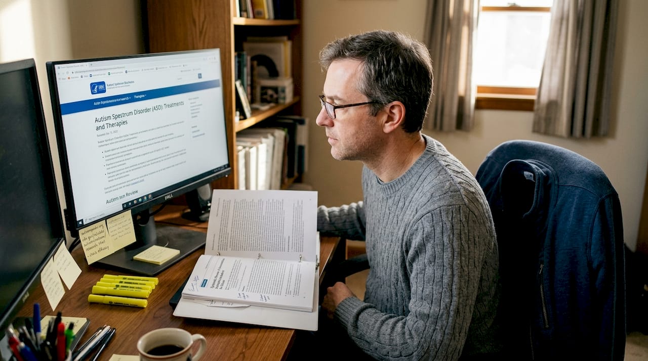 Parent comparing autism treatment sources at desk