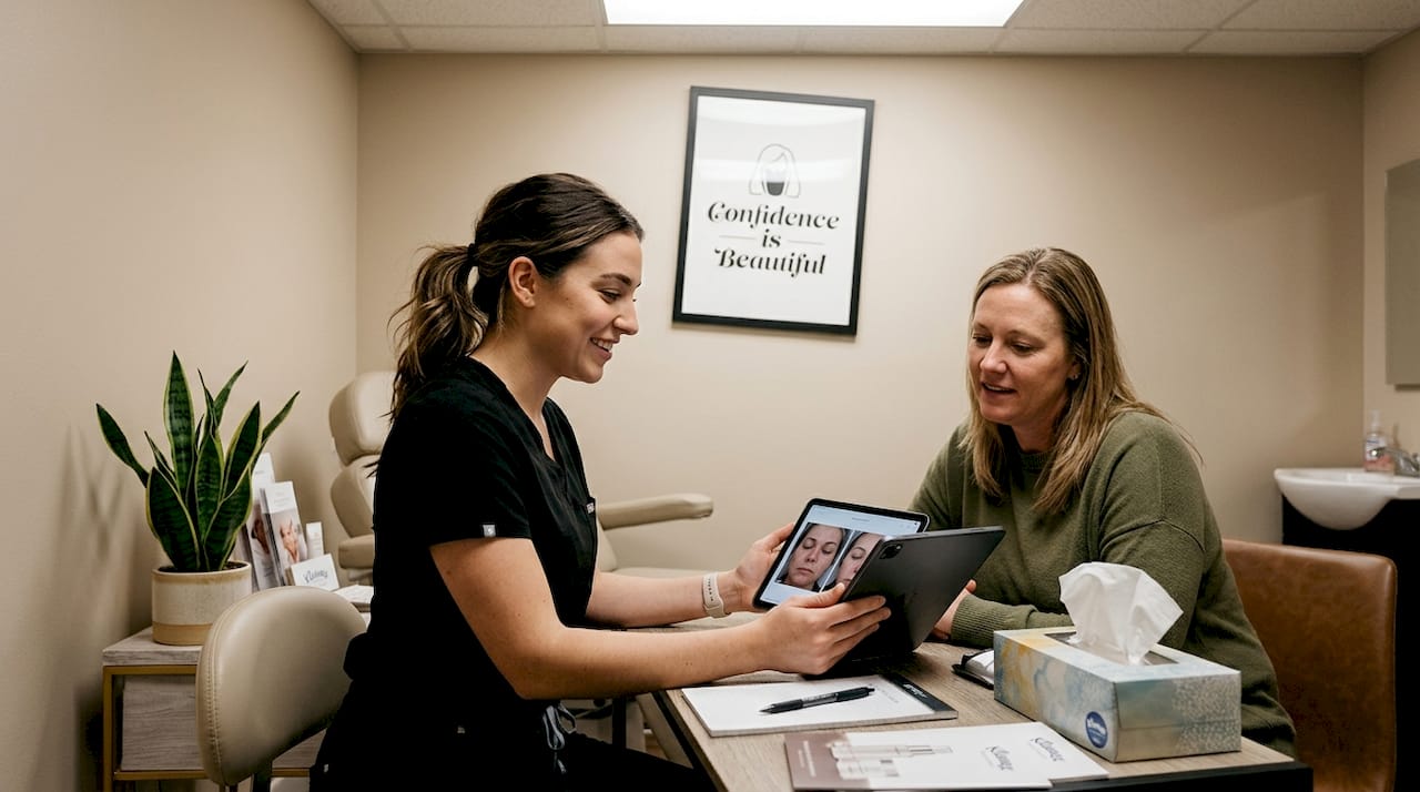 Aesthetician showing before-after results to client