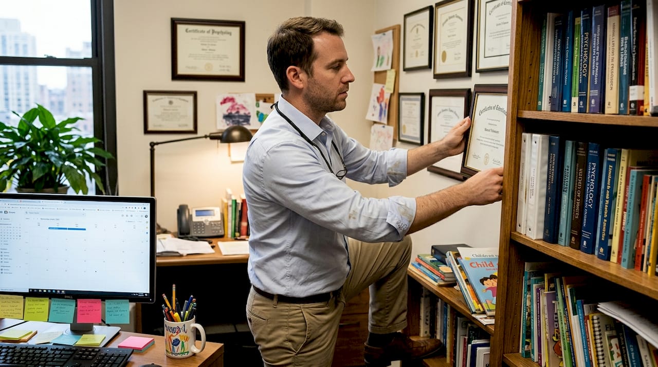 Child psychologist updates credentials on office wall