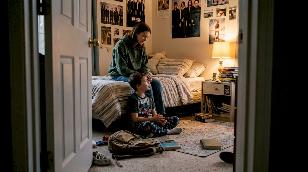 Siblings sharing supportive quiet moment in bedroom