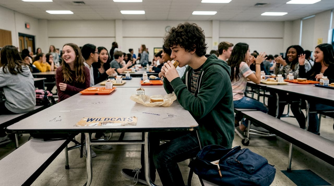 Autistic teen eating alone in cafeteria