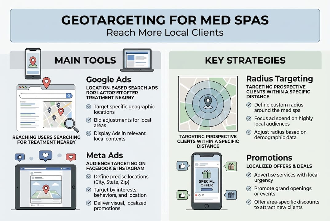 Infographic showing geotargeting tools and strategies