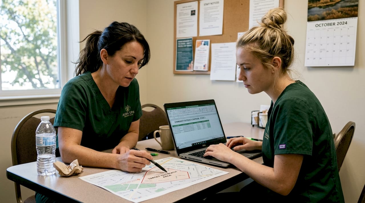 Spa staff discussing map and digital ads together