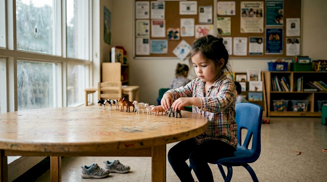 Young girl quietly arranges toys in row