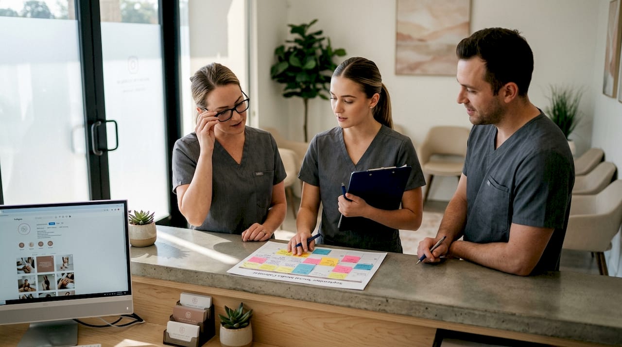 Med spa team reviewing social media calendar