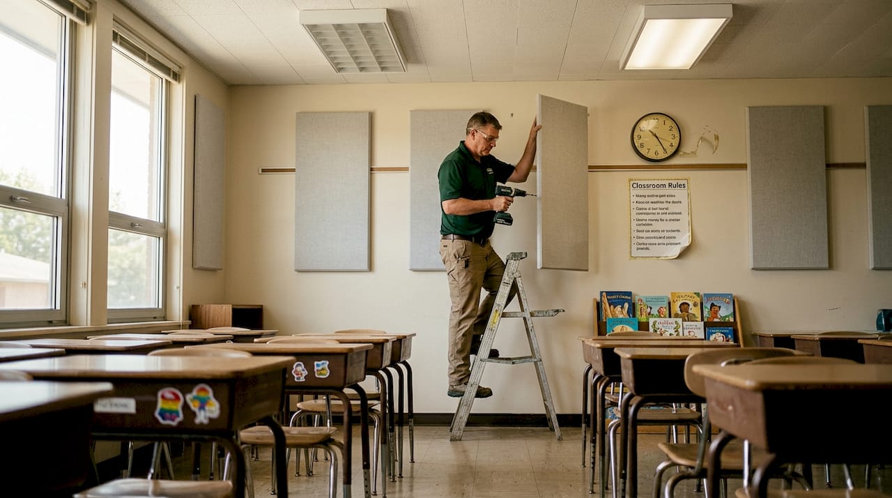 Custodian installing sensory modifications in classroom