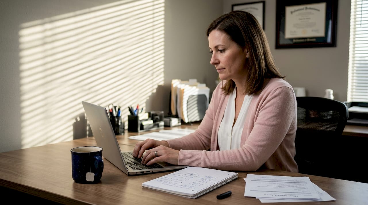 Manager replying to client feedback on office laptop