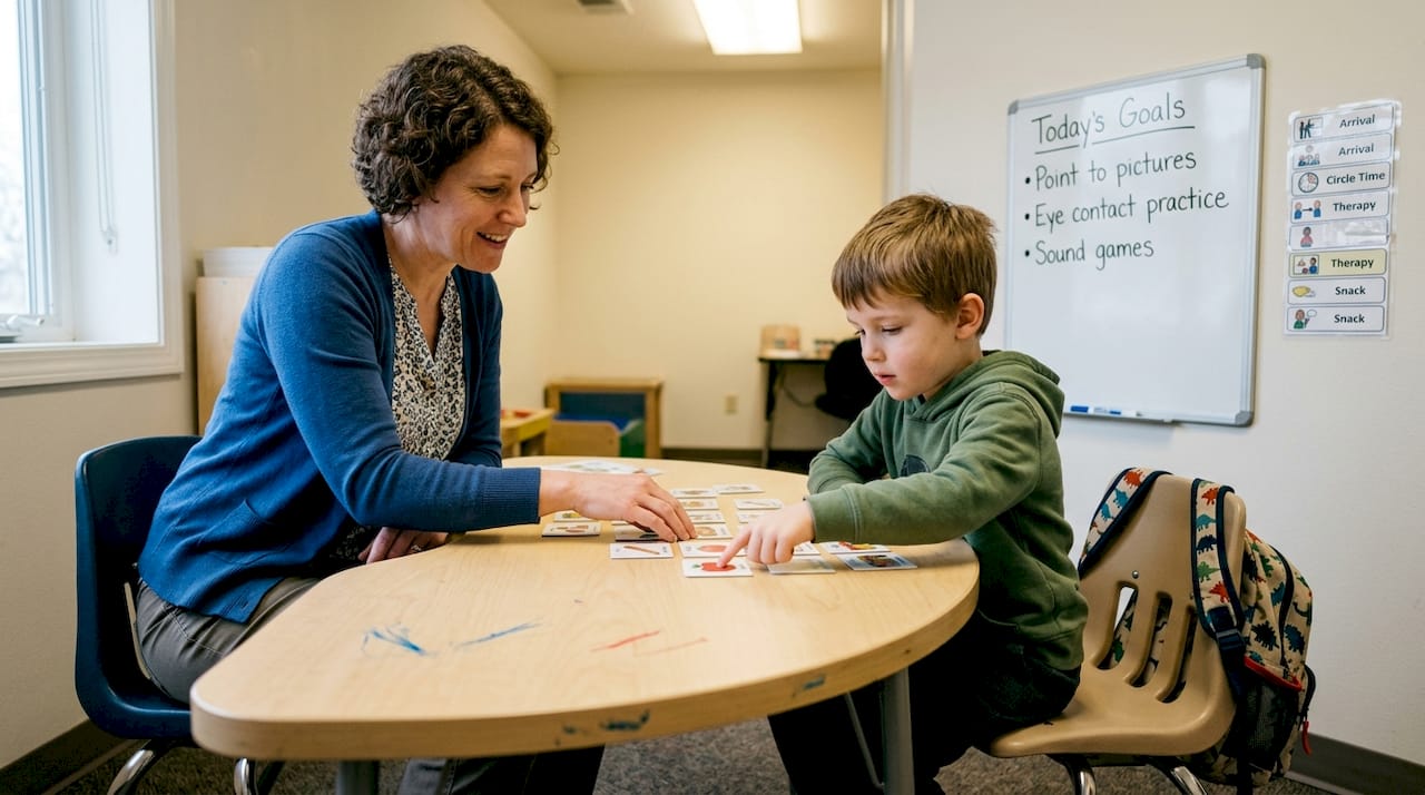 Speech therapist and child at elementary school table