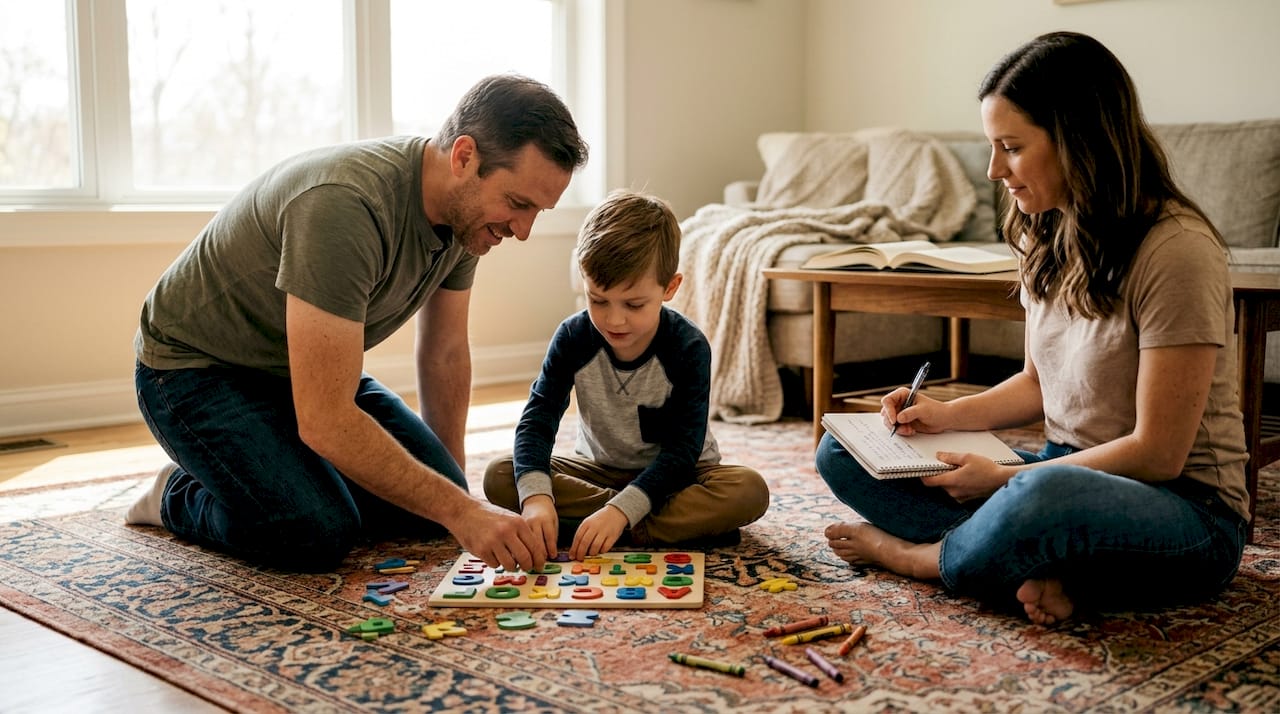 Family working together with autistic child at home