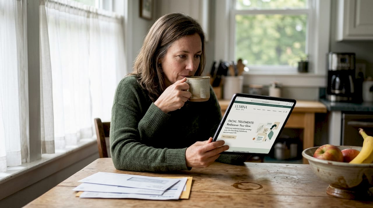 Client reading med spa website tablet
